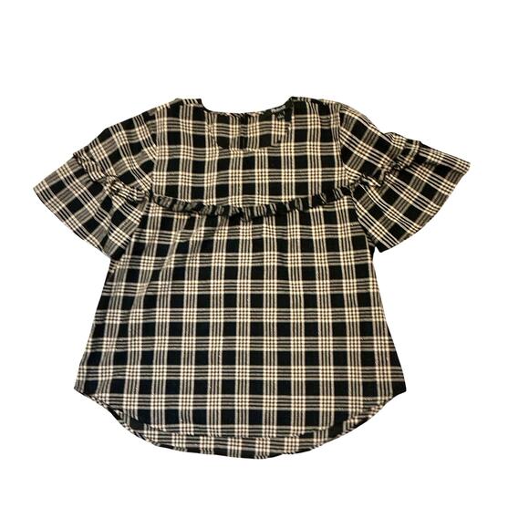 Madewell Metallic Plaid Yoke  Ruffle Trim Short Sleeve Top Brown Women's Small - Picture 2 of 10